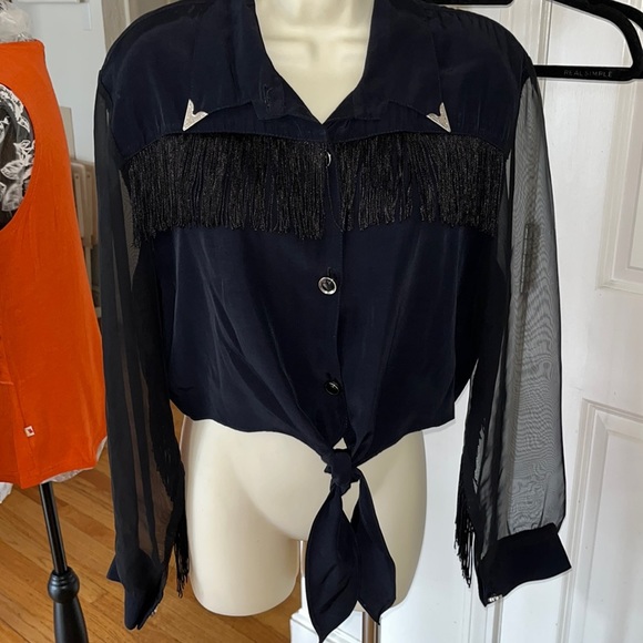 ELLA FASHION black XL vintage Fringe button down shirt with sheer sleeves - Picture 4 of 15